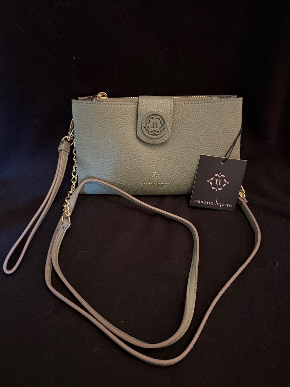 Nanette Lepore Sage Green Crossbody Wristlet with Gold Hardware